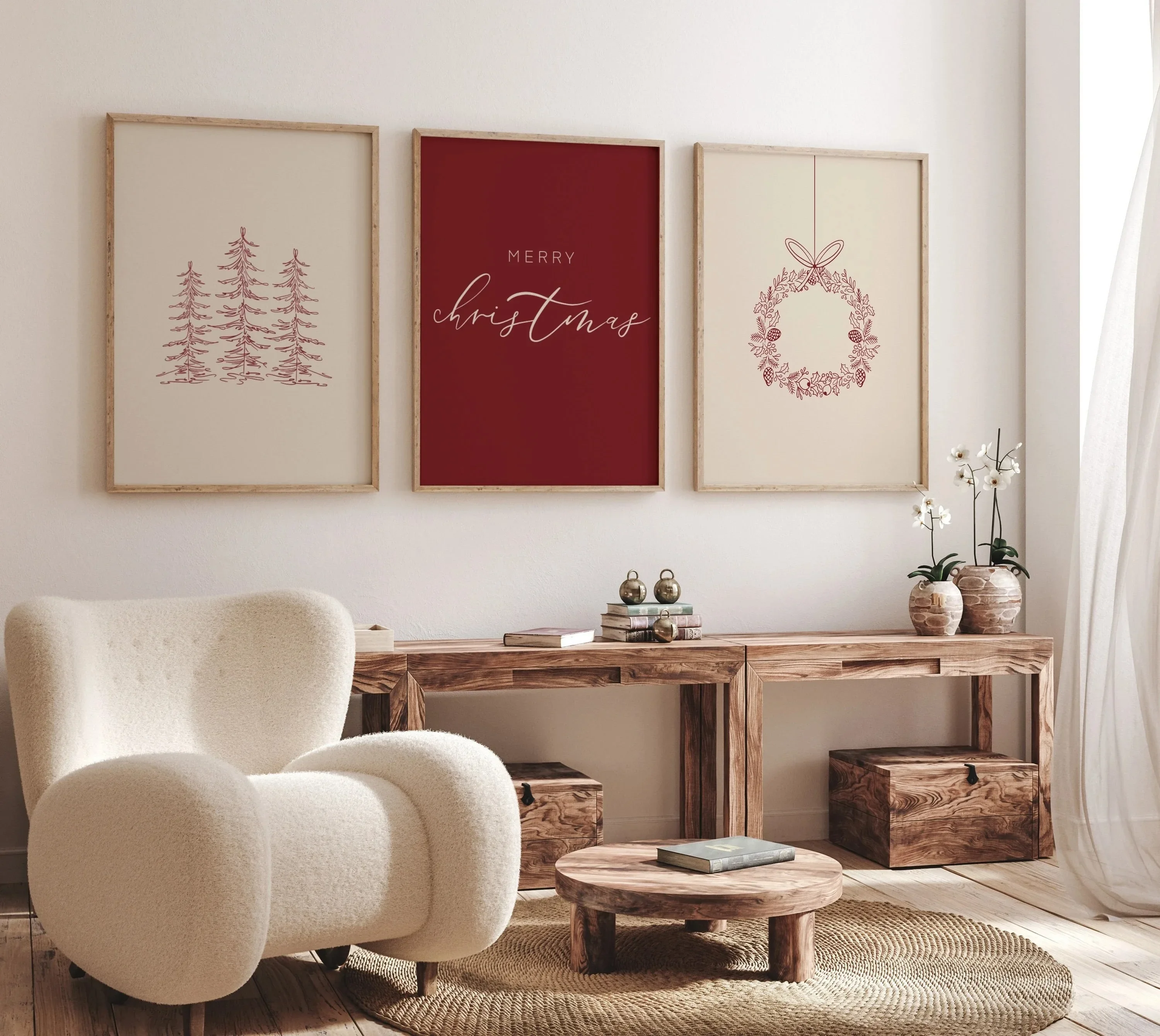 1PC Large-sized frameless canvas paintings,Beige and Red Christmas Tree and Elk Canvas Prints Minimalist Happy Christmas Wall Ar