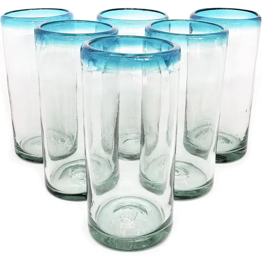 

Aqua Blue Rim 20 oz Tall Iced Tea Glasses (set o 6) Mexican Handmade Glassware, Recycled Glass, Lead-ree, Toxin-ree (Tall Iced T