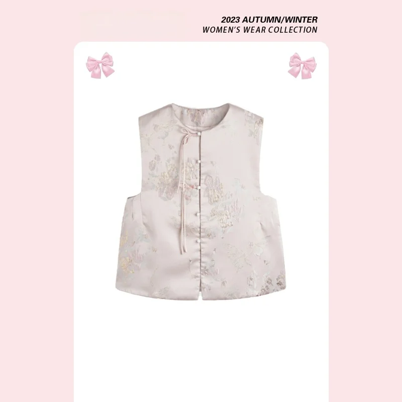 Chaleco Largo de Invierno 2025 con Bordado de Perlas Rosadas, Estilo Chino Nuevo, Estilo Francés, para Cuerpo Tipo Pera...