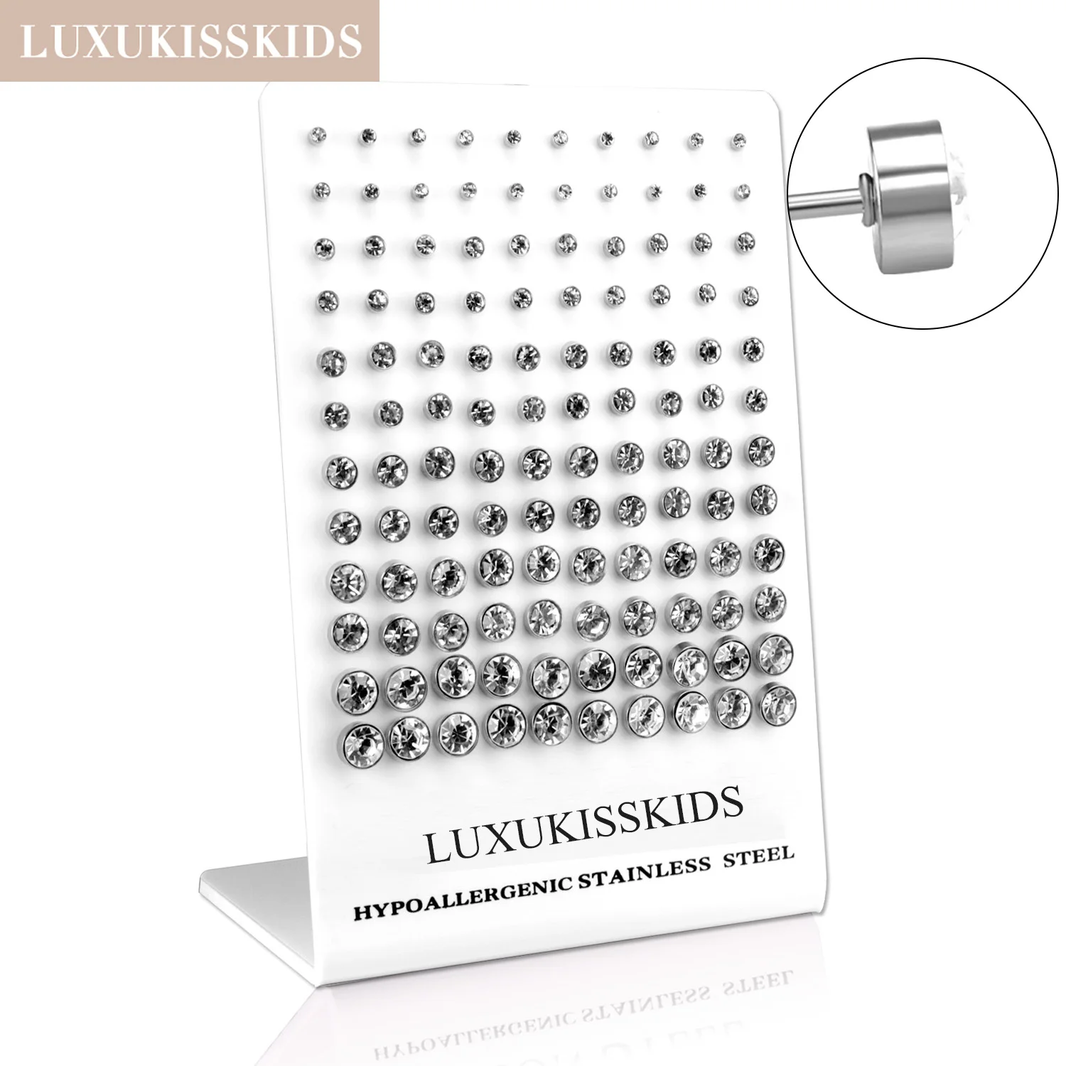 LUXUKISSKIDS Luxury 60paris/Lots AAA Cubic Zircon Stud Earrings Set Clearly Black Round Stone серьги Stainless Steel Accessories