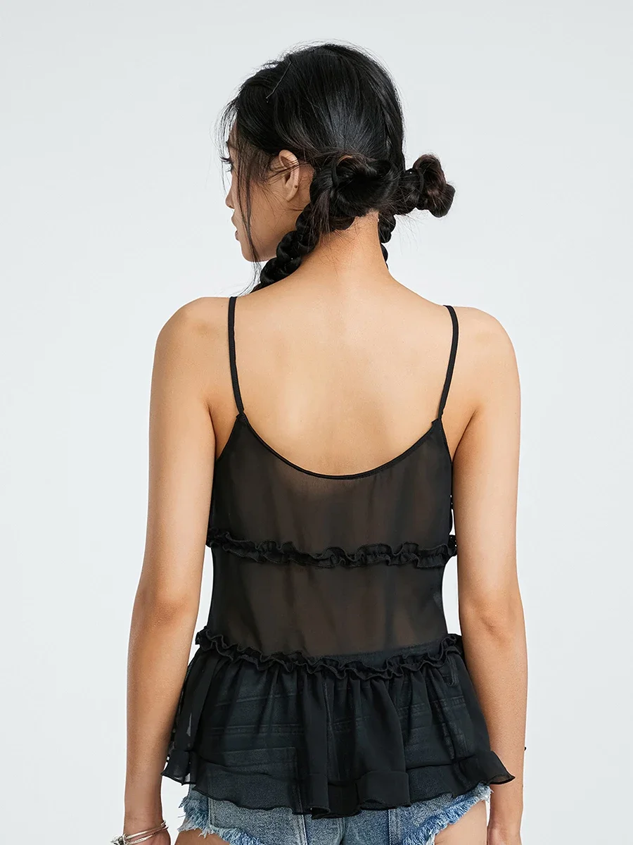 Camisole à volants à col en V pour femmes, dos nu, transparent, devant, court, rétro, vacances d'été, Y2K, années Y-00, 2024