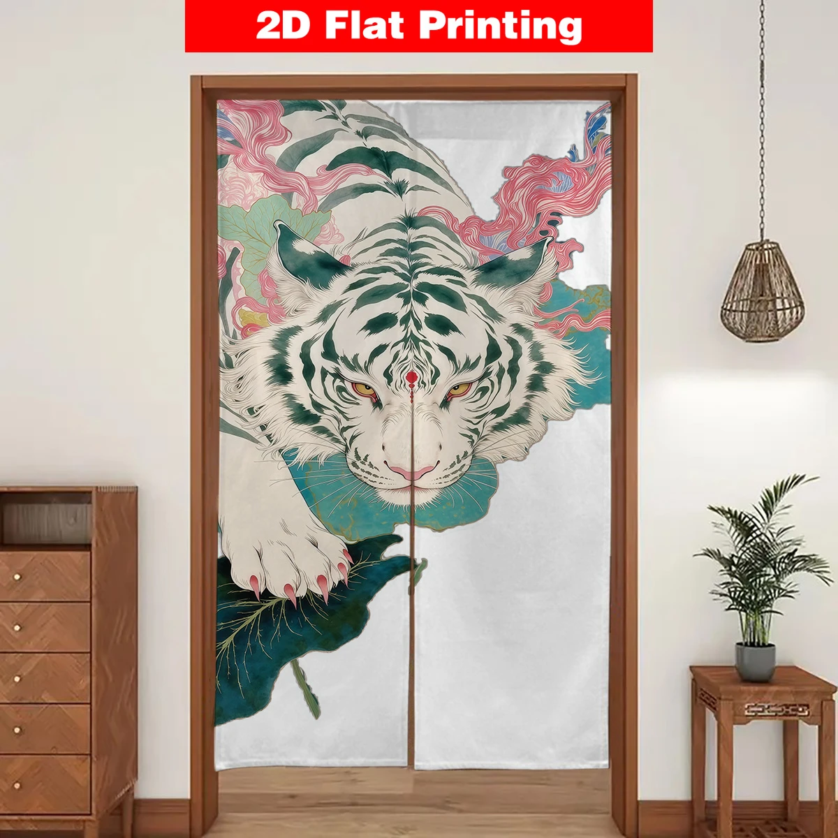 VIKAMA Vintage White Tiger Japanese Door Curtain, Ukiyo-e-Style Half-Door Curtain, Home Decor Room Divider Curtain