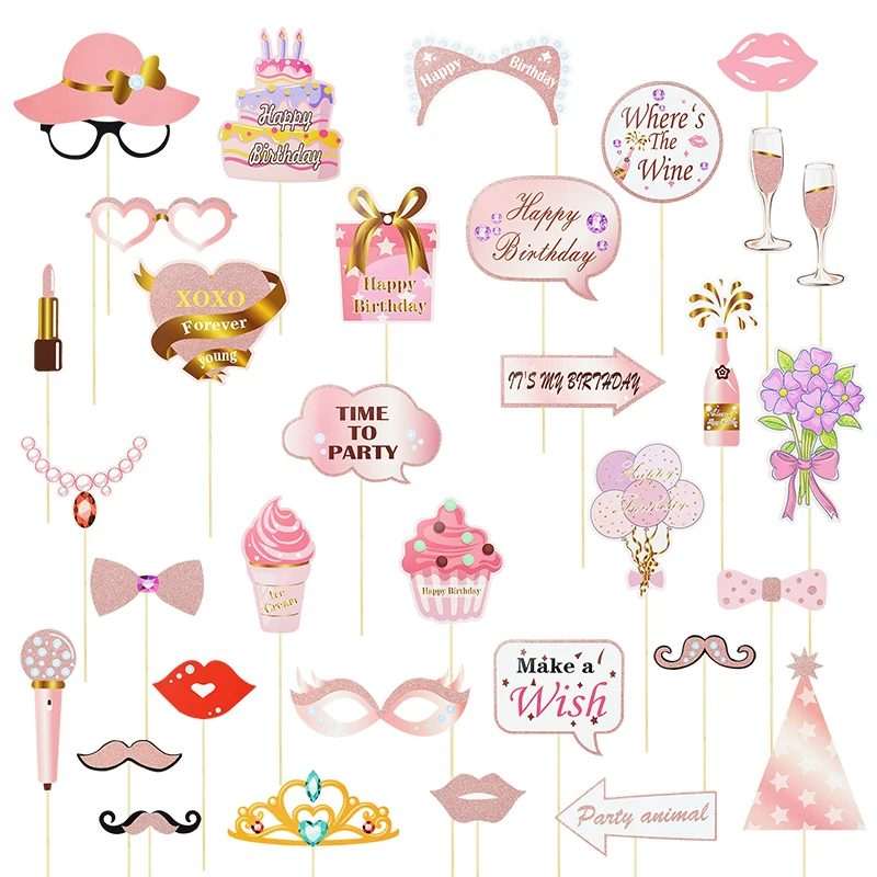 

Happy Birthday Photo Booth Props DIY Funny Mustache Lips Glasses Adult Women 18 30 50 Year Birthday Party Anniversary Decoration