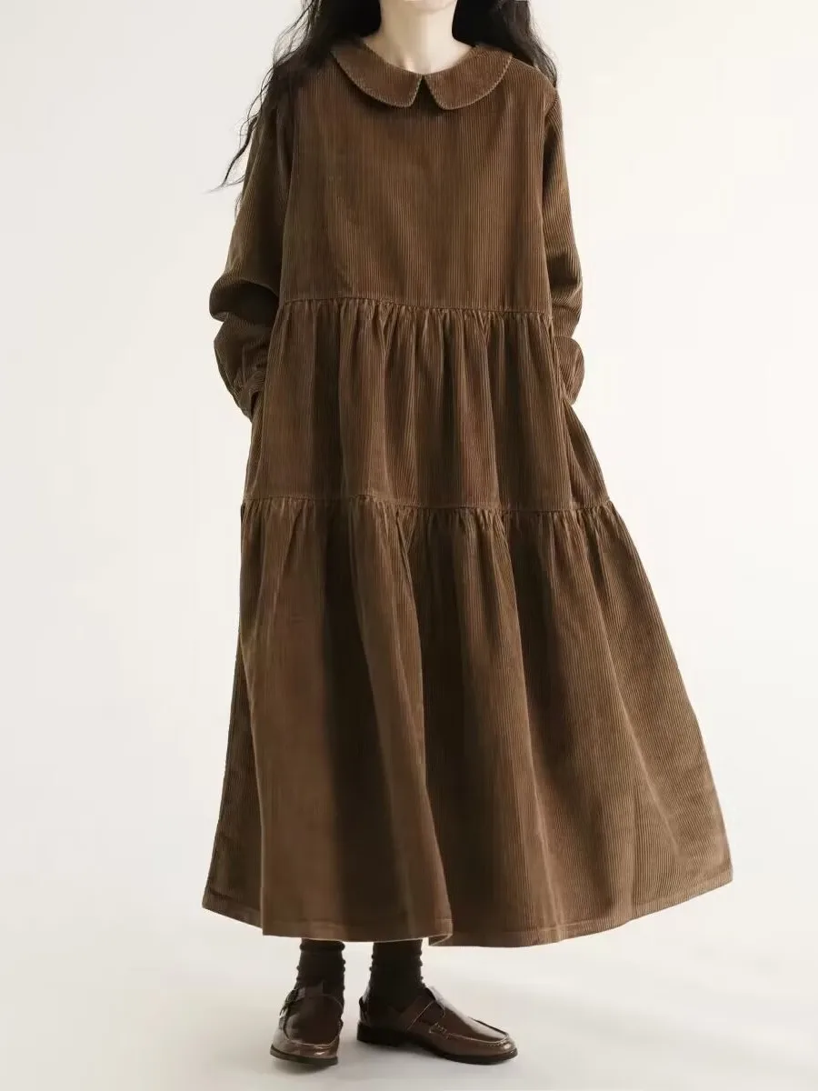 

Japanese Sle Long Sve Corduroy A-Line Dr Slimming Loose Fit Simple Design Women's plus Size Dr for Everyday Wear