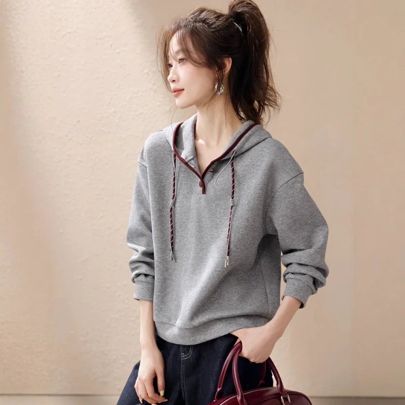 Korean Fashion Women's Harajuku Casual Loose Hoodie 2026 Autumn Winter New Color Blocking Pullover Sweatshirt Streetwear Women