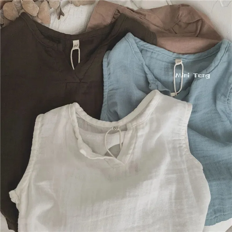 Summer Children Boys Sleeveless Tops Cotton Linen Infant Baby Boy Vest Casual 1-6Yrs Kids Boys Thin Cool Tees Little Boy T-shirt