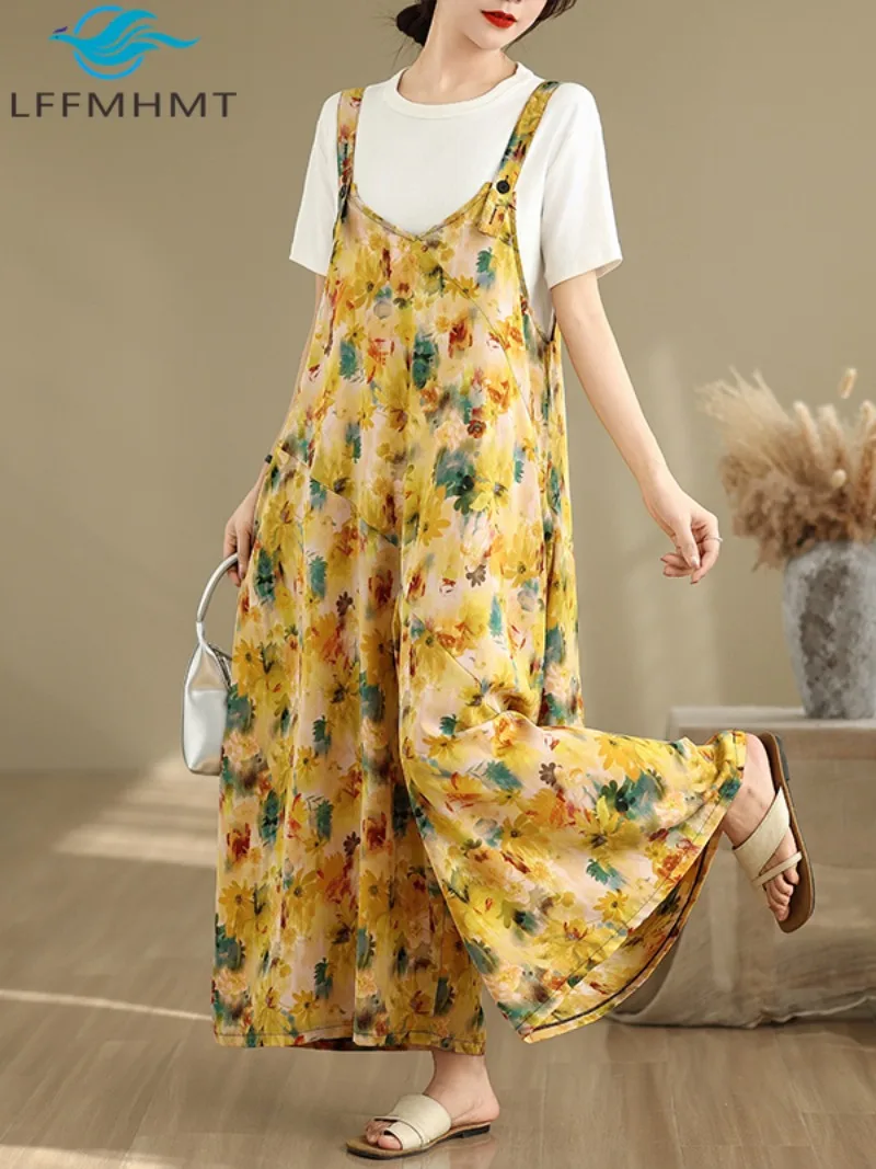Vintage Print Loose Casual Women's Jumpsuits Summer Fashion Drap Floral Wide Leg Pants Female Hip Hop Comfortable Streetwear