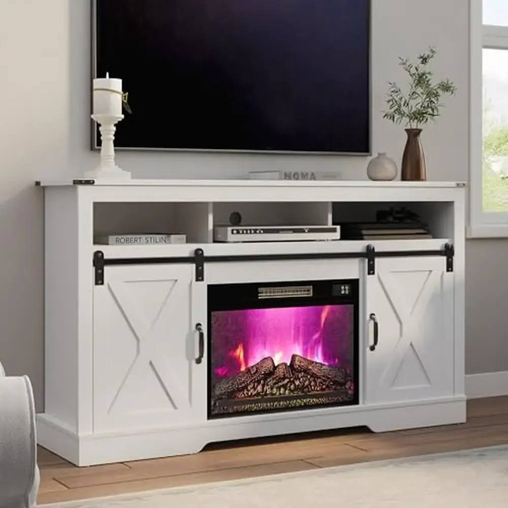 Farmhouse Entertainment Center Electric Fireplace TV Stand Adjustable Shelves Remote Control Strong Durable Easy Setup 65 Inch