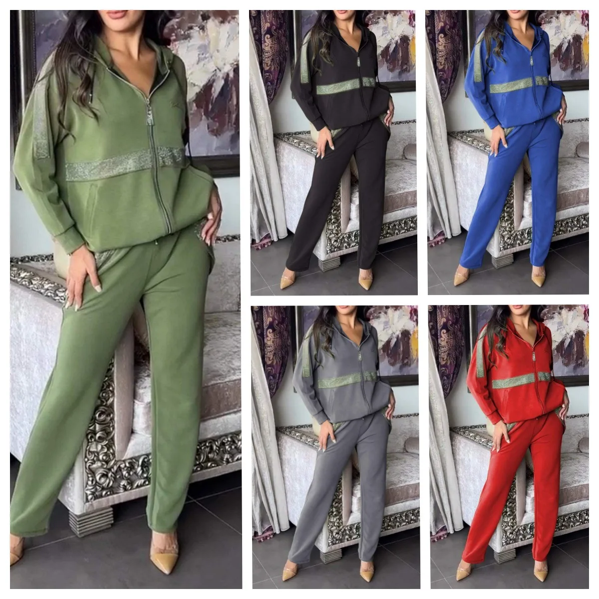 2025 가을 세트 단색 캐주얼 후드티 패션 스포츠 긴팔 지퍼 바지 세트 투피스 세트