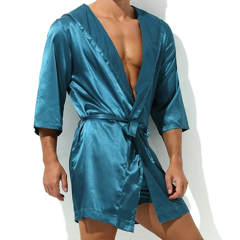 

Mens Selling Men Robe Bath Bathrobe Summer Short Sleeve Sexy Dressing Male Silk Gown Hot Bathrobes(No Shorts)