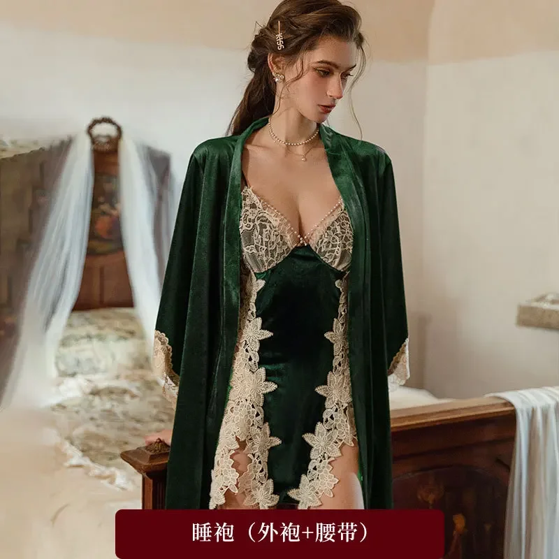กํามะหยี่ Nightgown ผู้หญิง,ฤดูใบไม้ร่วงและฤดูหนาว Pure Desire เซ็กซี่กระโปรงสั้นชุดนอน Nightgown ชุดน้ํา