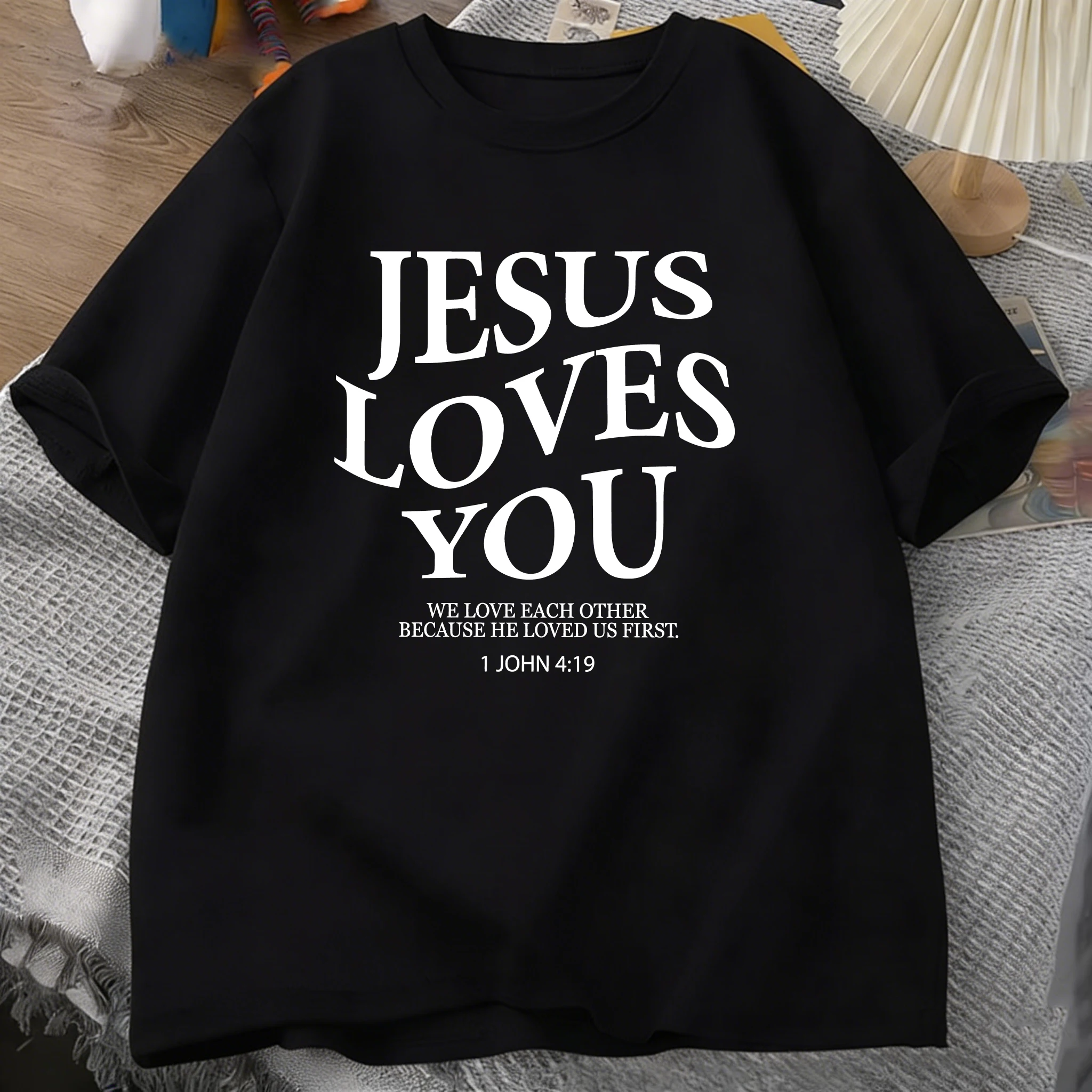 Jesus liebt dich, Buchstaben-Druck, Baumwoll-T-Shirts für Herren, Sommer-Kurzarm-T-Shirts, bequeme T-Shirts, weiche, übergroße O-Ausschnitt-Oberteile, Basic-Kleidung