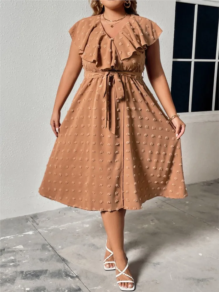 Plus Size Summer Midi Dress Women Embroidery Ruffle Casual Ladies Dresses Loose Pleated Fashion Woman Dress 2023