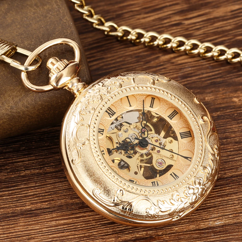 Double Hunter Transparent Glass Manual Mechanical Pocket Watch Gold Pocket Chain Pendant Antique Style Roman Numerals Dial Clock