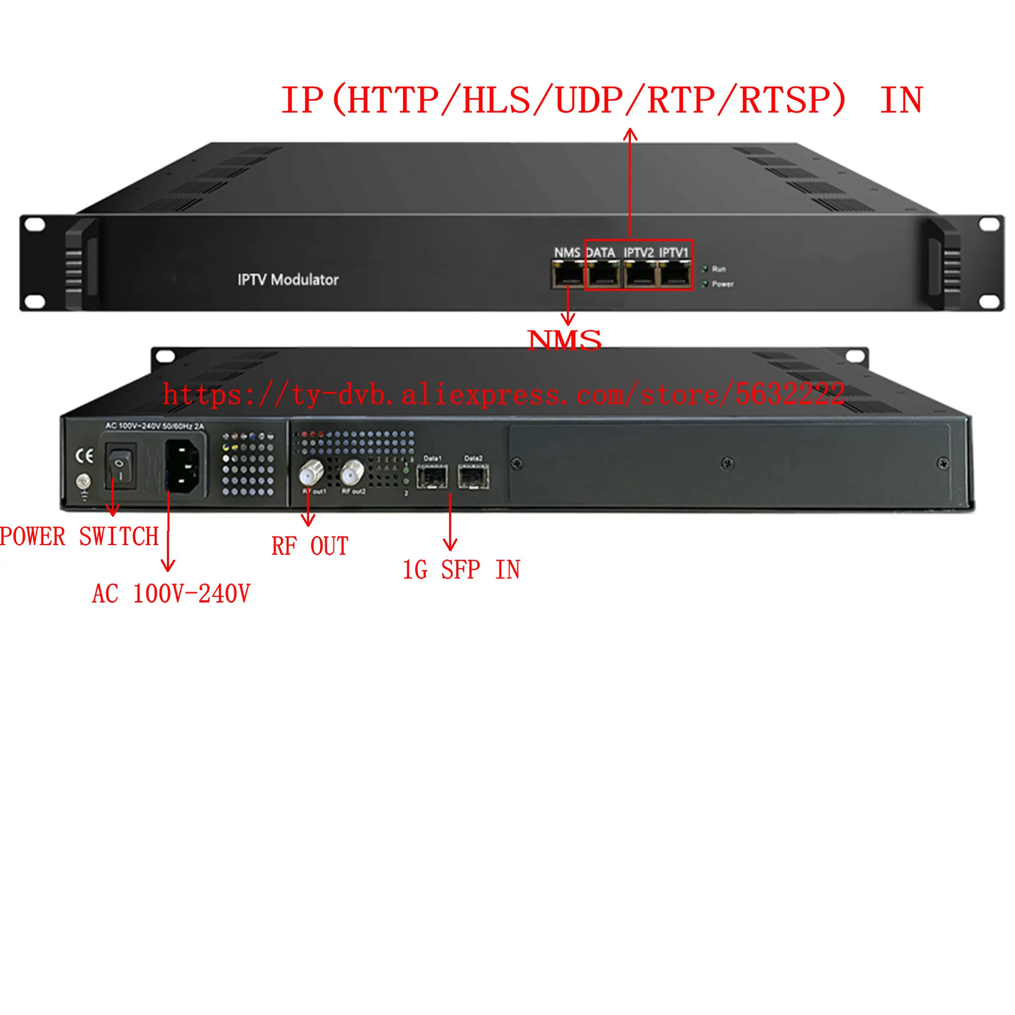 8 16 24-Kanal IP (HLS/RTSP/UDP/HTTP zu RF DVB-T ATSC ISDBT DVB-C DTMB Modulator ASI zu RF CATV Front-End-Ausrüstung SFP FE IN