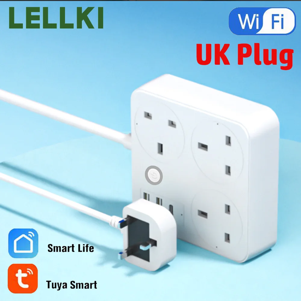 

LELLKI Wifi Power Strip With Energy Monitoring Smart Socket 220V 13A UK Plug Tuya Smart Life Home Alexa Google Home Yandex Alice