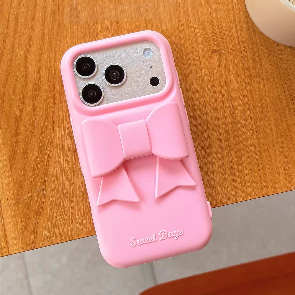 

Cute 3D Pink Bowknot Soft Silicone Phone Case For iPhone 17 Promax 16 Plus 15 14 13 Pro Max Lovely Bow Shockproof Back Cover