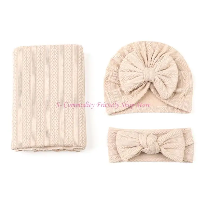 85AE 3pcs Infant Bowknot with Headbands Hats Newborn Receiving Blanket