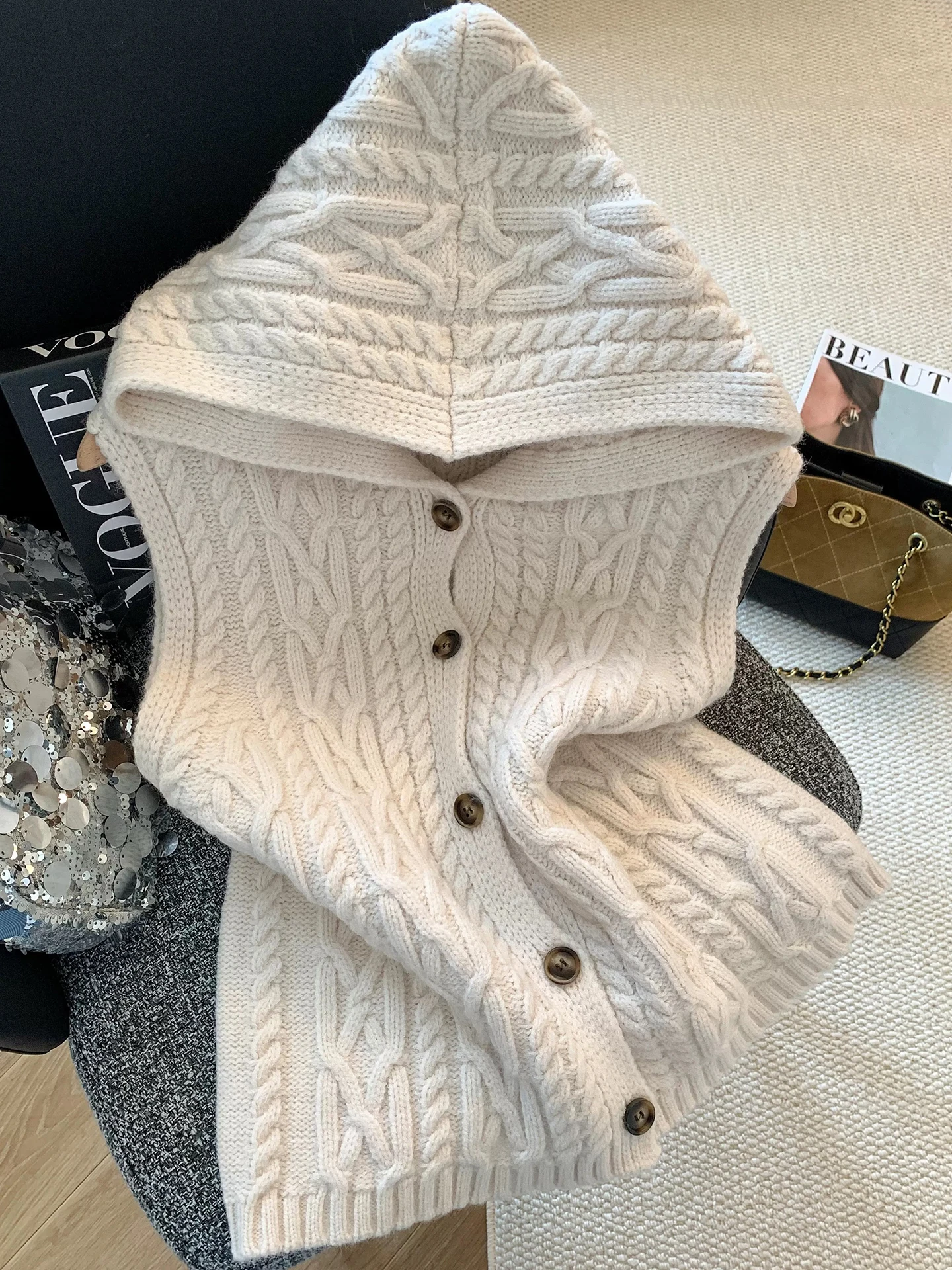 

Женская вязаная шапка, жилет, осень-зима, новый вязаный свитер, жилет, модель Self-Kee, корейский многослойный топ