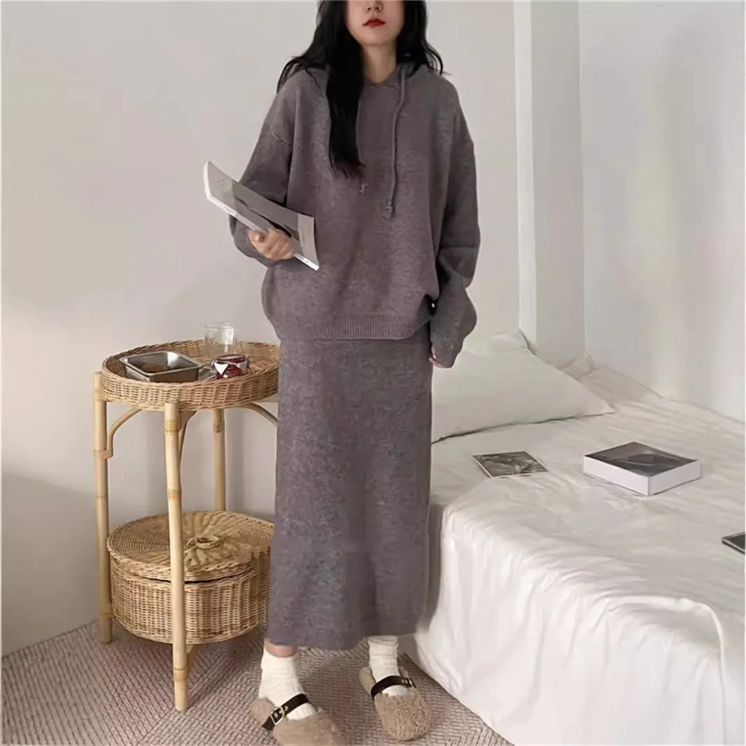 Korean Version Of The Solid Color Hooded Knit Skirt Two-Piece Set 2024 Autumn Winter New Loose Slouchy Style Sweater Set