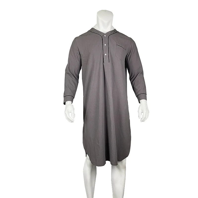 Men's Retro V Collar Muslim Nightgown Home Wear Long Sleeve Solid Color Sleep Robes