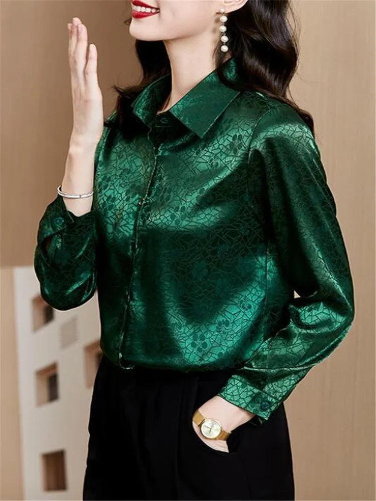 Silk Shirts Satin Women\'s Shirt Jacquard Long Sleeved Blouses for Women  Autumn Blous Basic Button Up Lady Shirts Fashion Blouse