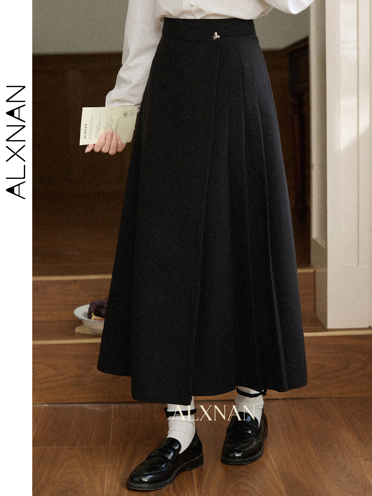 

ALXNAN Women's Skirt Black Long High-waist Pleated A-line Skirt 2025 Autumn Office Lady Elegant Casual Female Clothing L56916