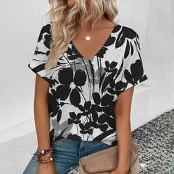 Fashion Flower Pattern Print Women's V-neck Short Sleeve T-Shirt Casual Women's Summer Elegant Large Size Comfort T-Shirt