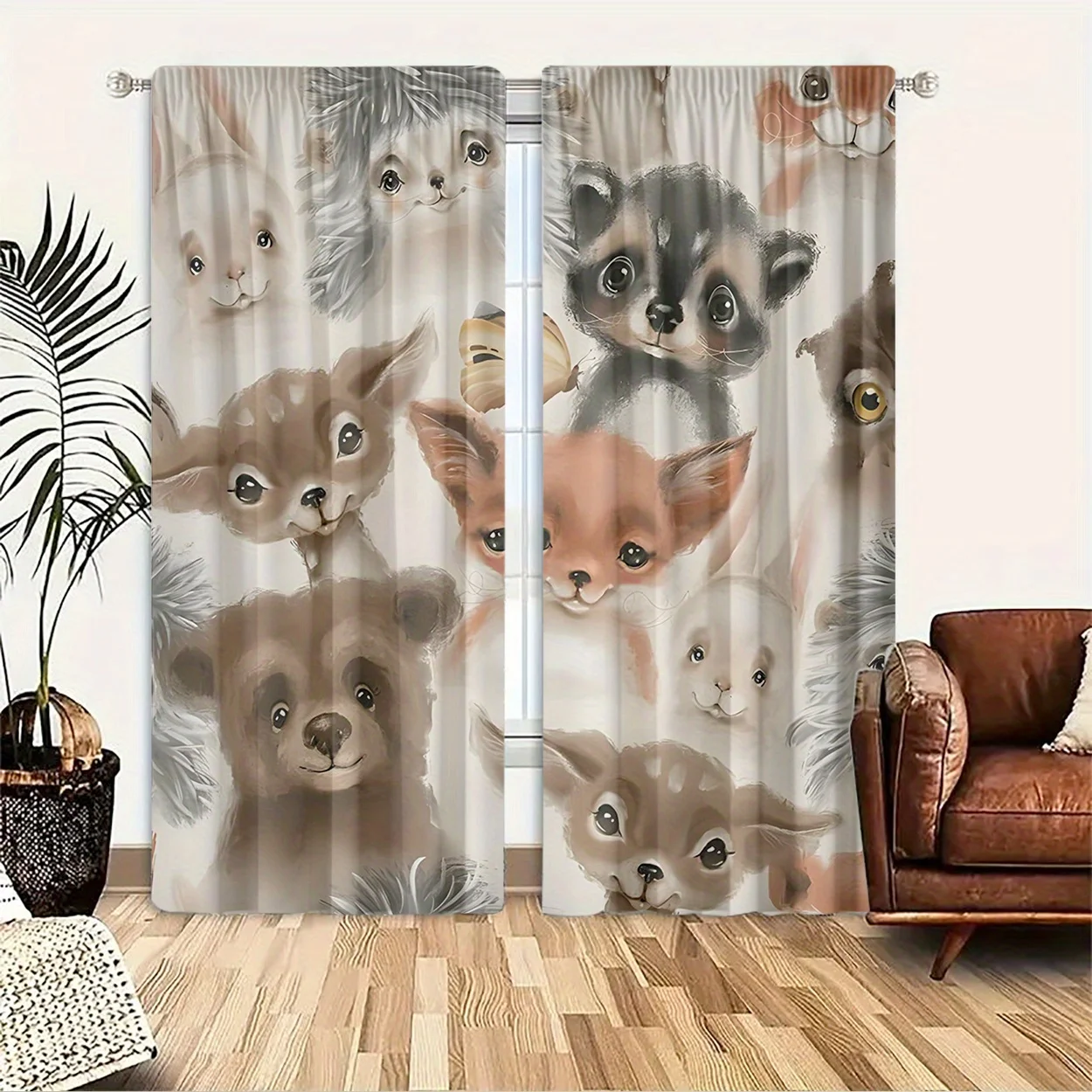 Cute Animal Print Curtain Pair for Nursery Room Window Decoration Home Decor Kids Playroom Bears Fox Cub Curtain