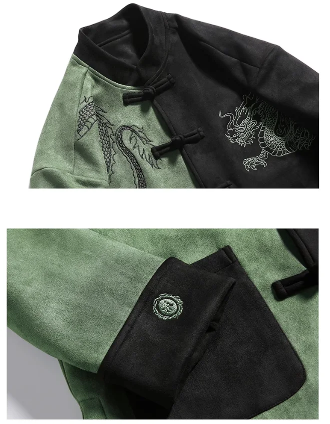 Autumn and Winter Jacket for Men Chinese Dragon Embroidery Tang Suit Coat Suede Chinese-style Patchwork Jackets