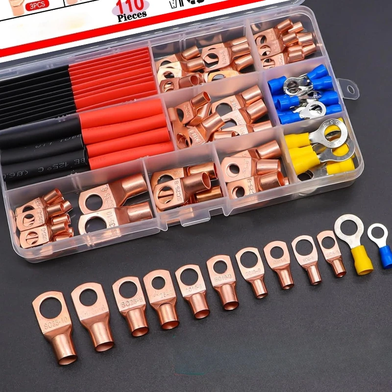 110pcs Copper Terminal Connectors AWG 2 4 6 8 10 12 14 16 Gauge Ring Lug Kit with Heat Shrink Tubing Battery Cable Lugs