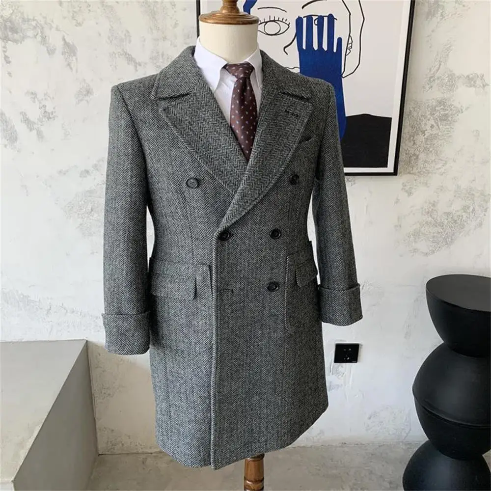 

Autumn winter herringbone pattern Men's Long coat Versatile Business Suit Coat Grey Long woolen coat