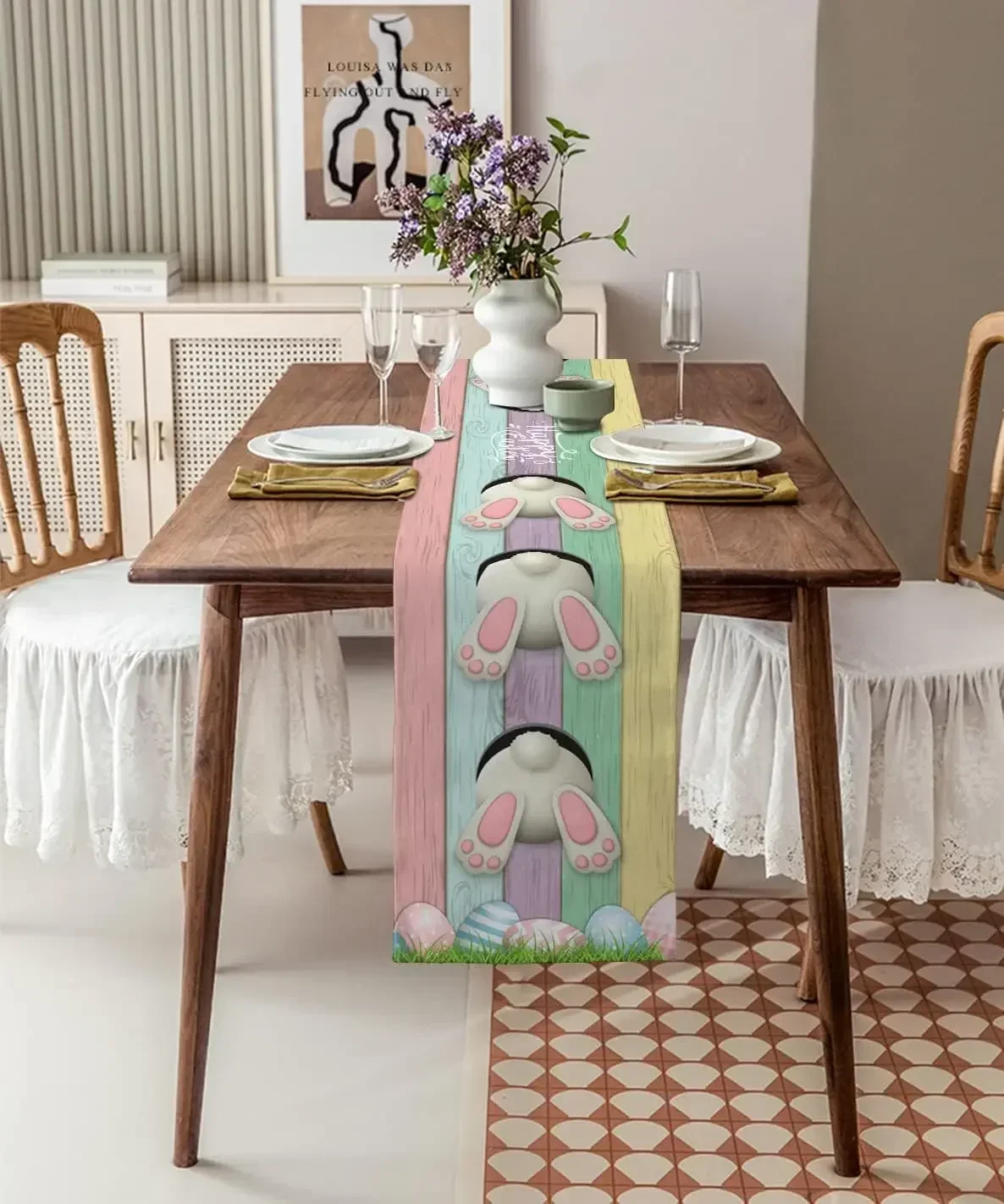 Easter Bunny Eggs Wood Grain Linen Table Runners Dresser Scarves Table Decor Farmhouse Dining Table Runners Wedding Decorations