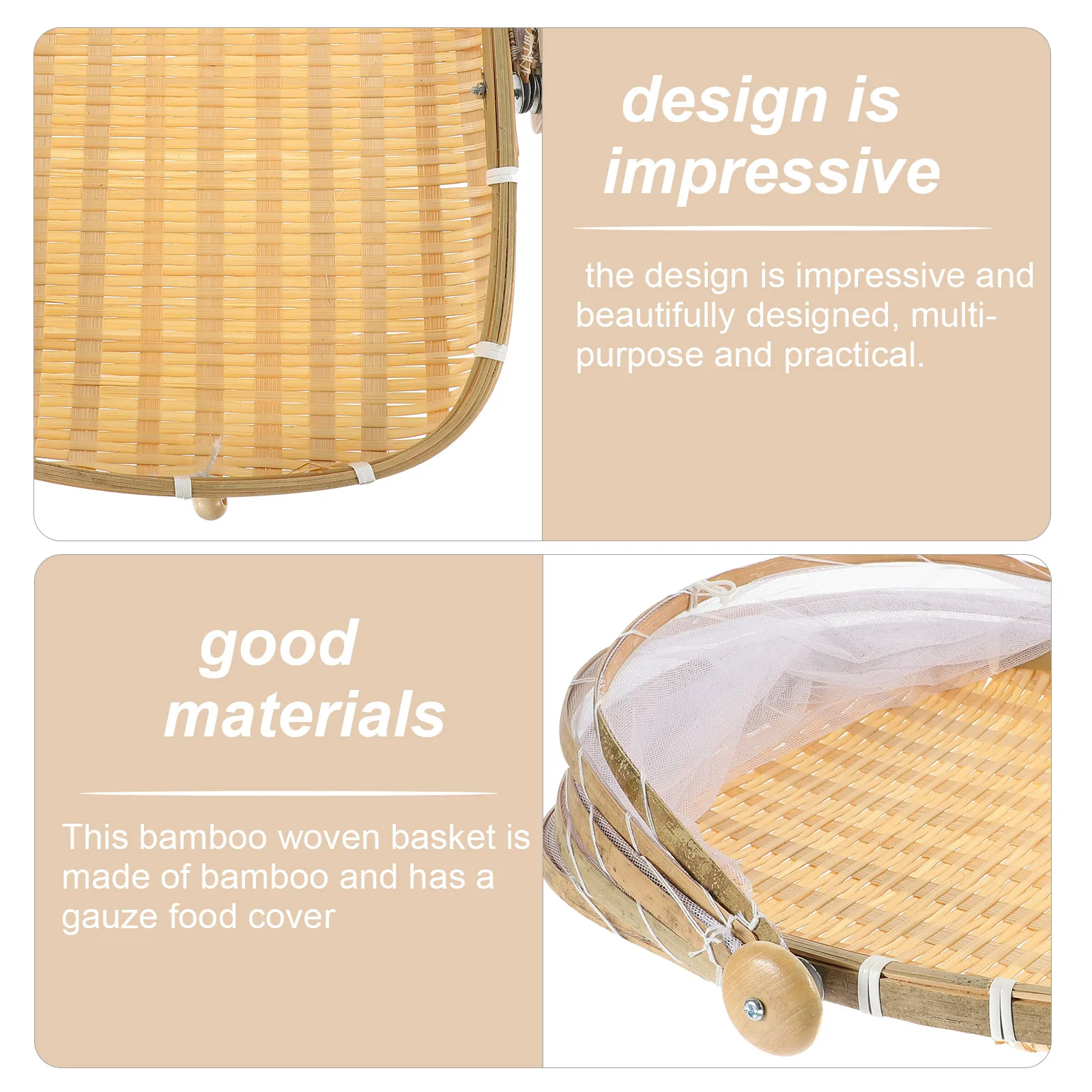 

Reusable Bamboo Picnic Basket with Mesh Food Cover Outdoor Serving Tray for Bread Fruits Vegetables Rustic Decorative Design