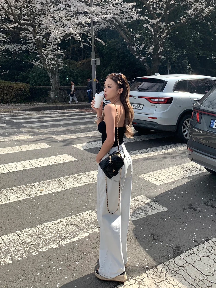 

Джинсы Anxi Mid-Rise прямого кроя, светло-голубые, из хлопкового стрейч-денима, простые повседневные джинсы с высокой талией для женщин