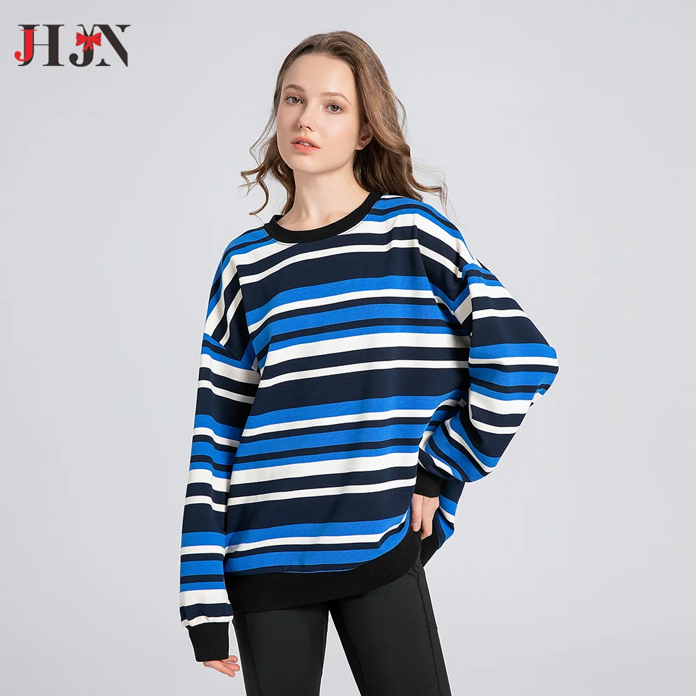 2024 blue Stripe Sweatshirt Pullover Loose Sweatshirt Round neck Office Lady Neutral Couple Women's clothing