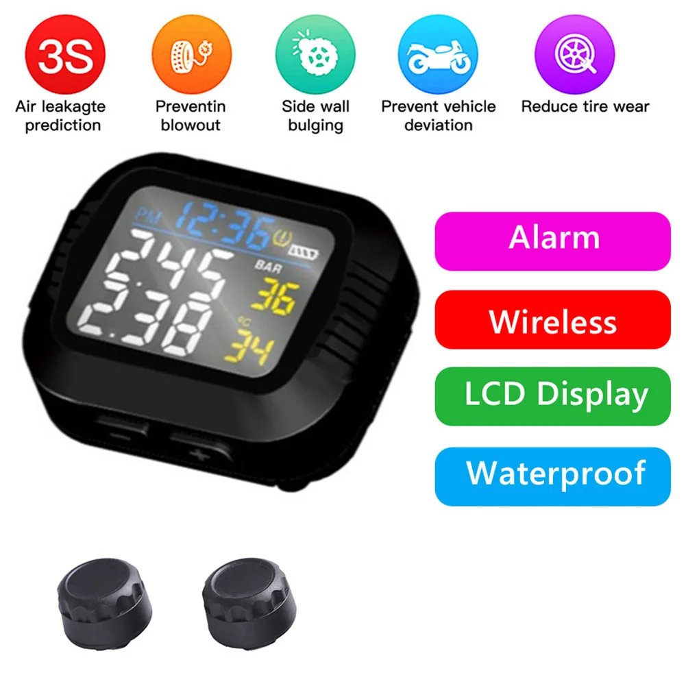 Waterproof Motorcycle Real Time Tire Pressure Monitoring System External Sensor Wireless LCD Display Moto