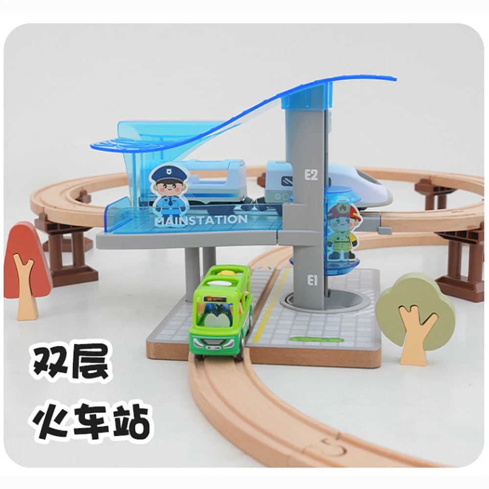 Blue Double-Layer Train Station Scenario Themed Small Track Set, Children's Fun And Puzzle Wooden Small Train Track Toy Set