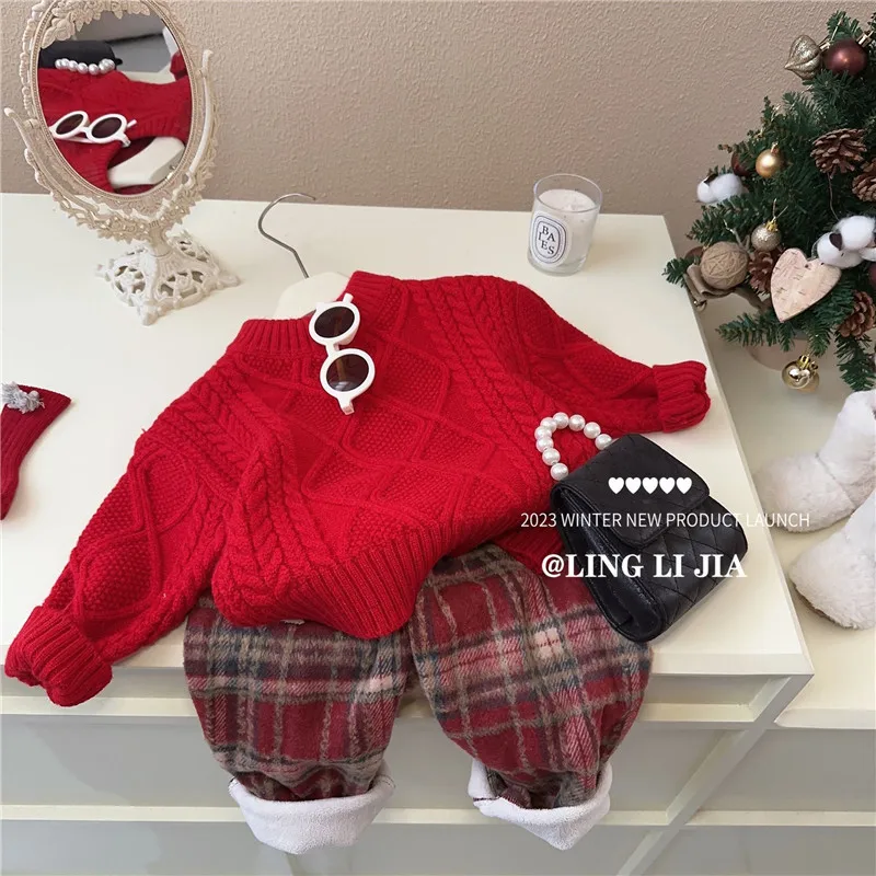 

Girl's Sweet 2Pcs Suit Winter Children Kids Baby Infants Kids New Year Sweater +Plus Fleece Plaid Casual Pants Christmas Sets