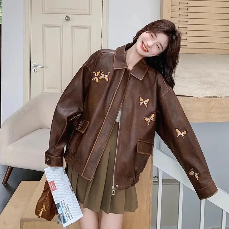 한국 여성 자수 인조 가죽 탑 코트 가을 여성 나비 PU 가죽 재킷 2025 여성 긴팔 가죽 아우터