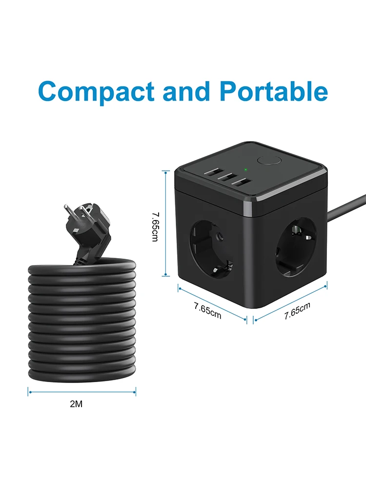 Cube Multiple Socket With USB Fast Charging Port,3-way Socket With Switch, 2 Euro And 1 Schuko Socket for Home Bedroom Office