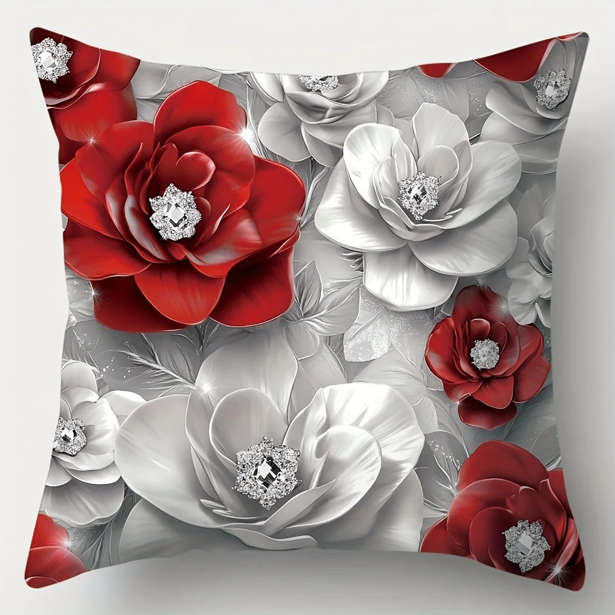 Red And White Flowers With Diamonds Pillowcase Pattern Cushion Cover Suitable For Sofa Bedroom Car Pillow Cover