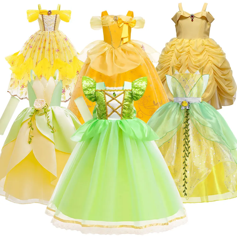 Exquisite Kids Fairy Tale Role Play Princess Dress Girls Birthday Party Ball Gown Halloween Carnival Tiana Belle Cosplay Costume