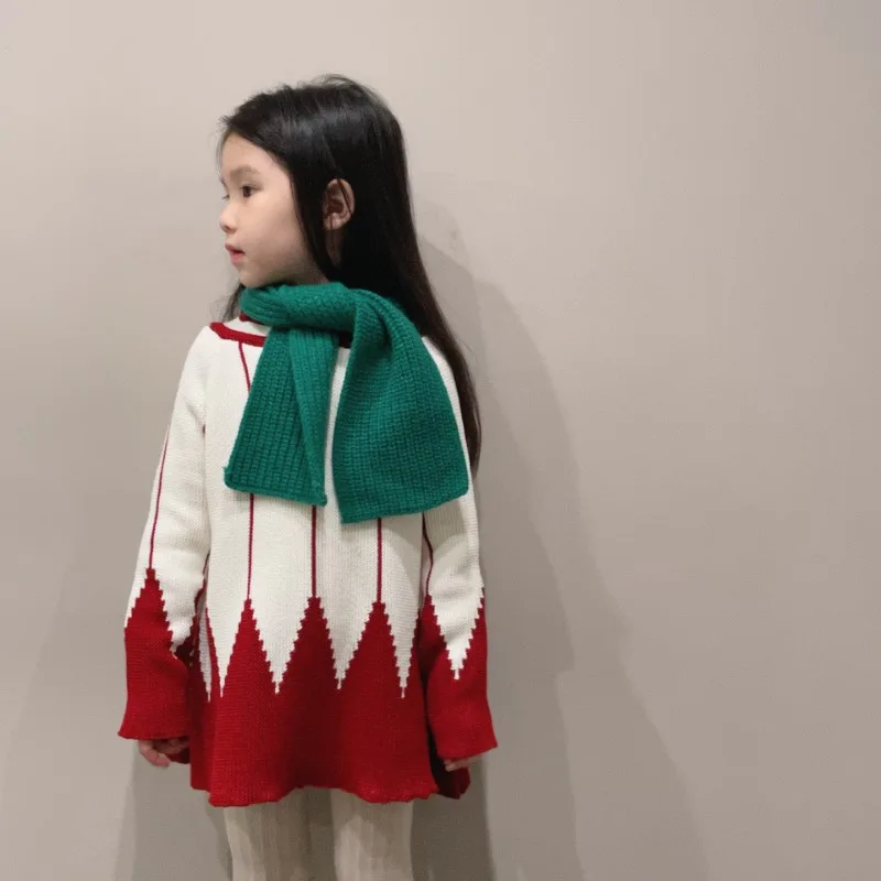 

Children's Christmas Sweater Girls' Skirt Style Hooded Sweater Autumn Winter Fine Wool Christmas Tree Sweater Cloak 3-8 Year Old