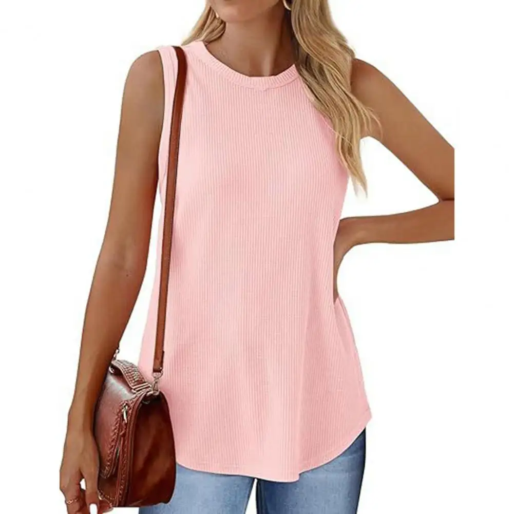 Women Vest Stylish Summer Tank Tops for Women Loose Fit O-neck Vest Streetwear Solid Color Pullover Mid-length Vest Round Neck