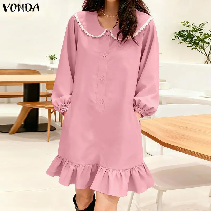 VONDA Modisches Sommer-Minikleid für Damen, Langarm, Bubikragen, Einfarbig, Rüschen, Kurzes Sommerkleid, Elegantes Büro-Outfit, Vestidos Robe