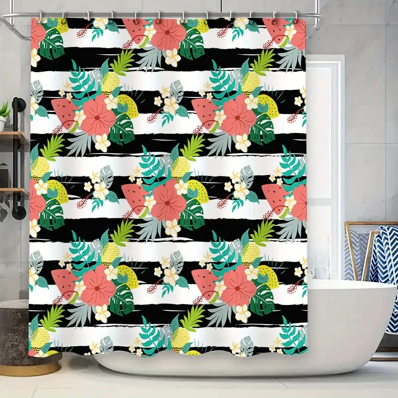 

Vibrant Floral Shower Curtain Watermelon Pineapple Green Palm Leaf Black White Stripe Bathroom Decor Home Waterproof Fabric Show