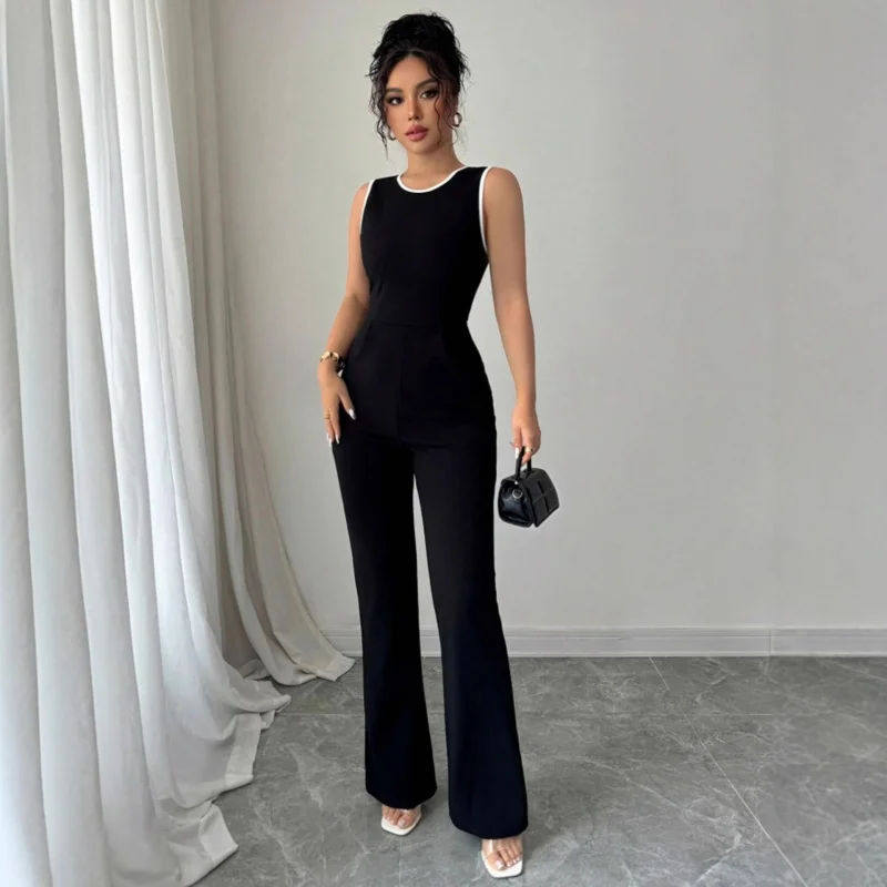 

Women Summer Elegant Commute Black High-Waist Wide-Leg Jumpsuit Backless With BOW Decoration Slim Fit Long Pants Jumpsuit