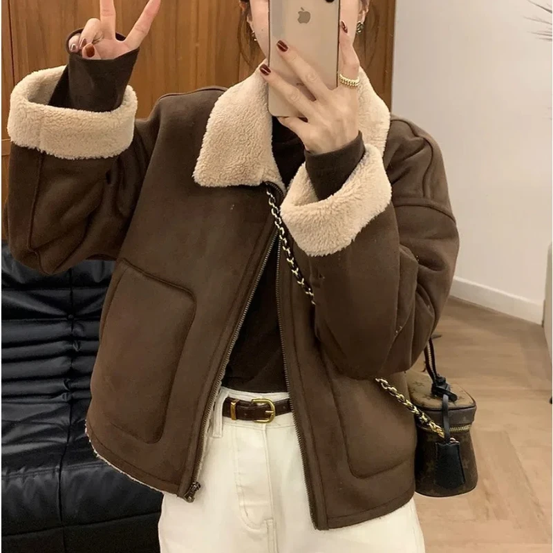 

Winter New Turn-down Collar Long Sleeve Fashion Jacket Women High Street Casual Loose Zipper Patchwork Cardigan Warm Thick Coat