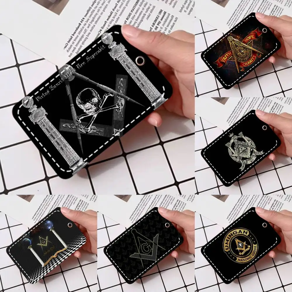 

Gold Freemason Logo Card Holde Applicable To Credit Cards Bus Card Soft Leather Rectangular Keychain Protective Cover